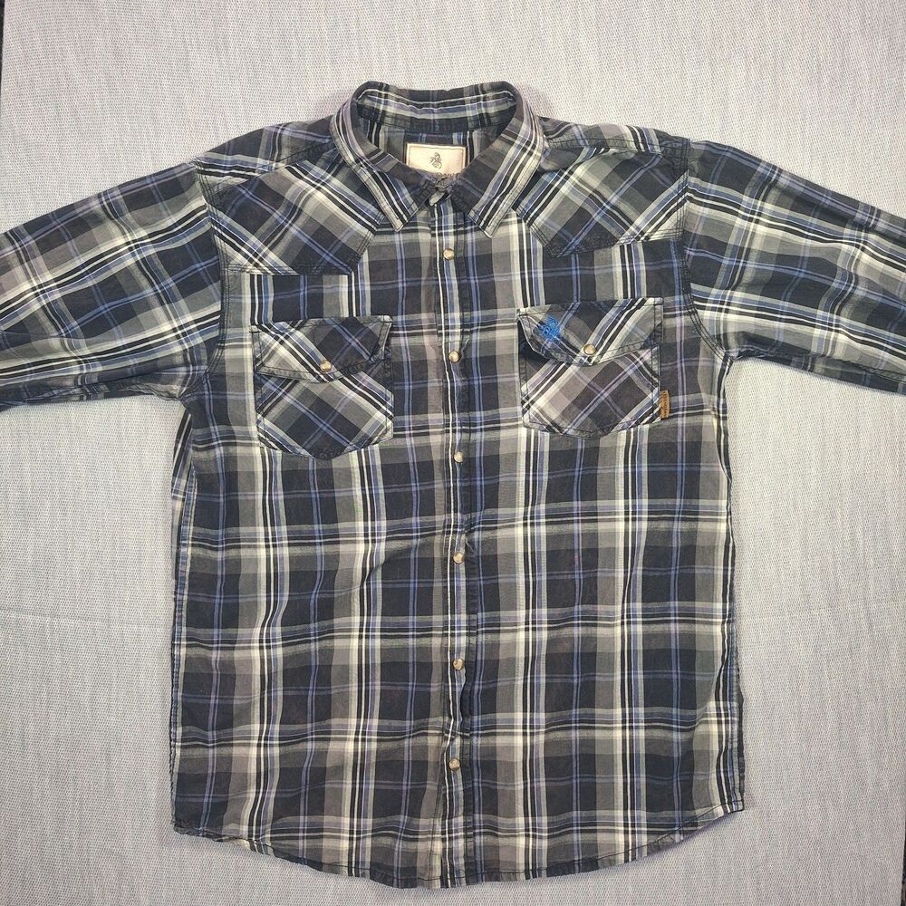 LEGENDARY WHITETAILS Mens Large Plaid Flannel Western Shirt Pearl Snap Blue Grey